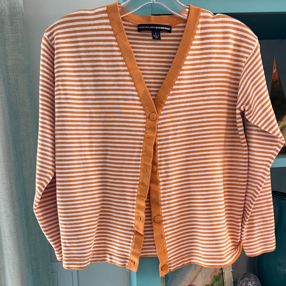 Linda Allan’s Ellen Tracy Orange and White Striped Cardigan Small